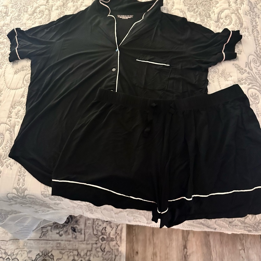 Victoria's Secret Black Satin Pajama Set with White Trim
